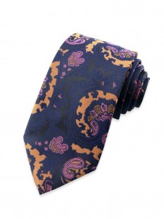 Paisley 75 - Cravate à motif contemporain bleu, ocre et rose