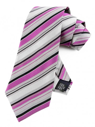 Stripe 200 - Cravate à rayures mauves et noires sur fond gris.
