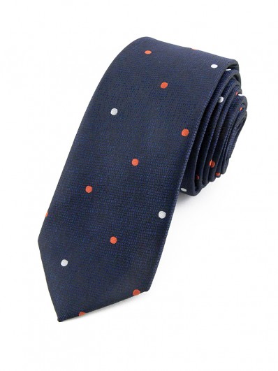 Cravate bleu marine à pois oranges et gris