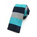 Cravate tricot bleu et gris à rayures