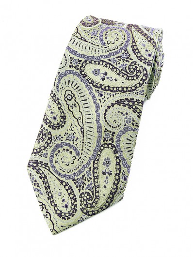 Paisley 80 - Cravate cachemire vert d'eau et motifs violets﻿