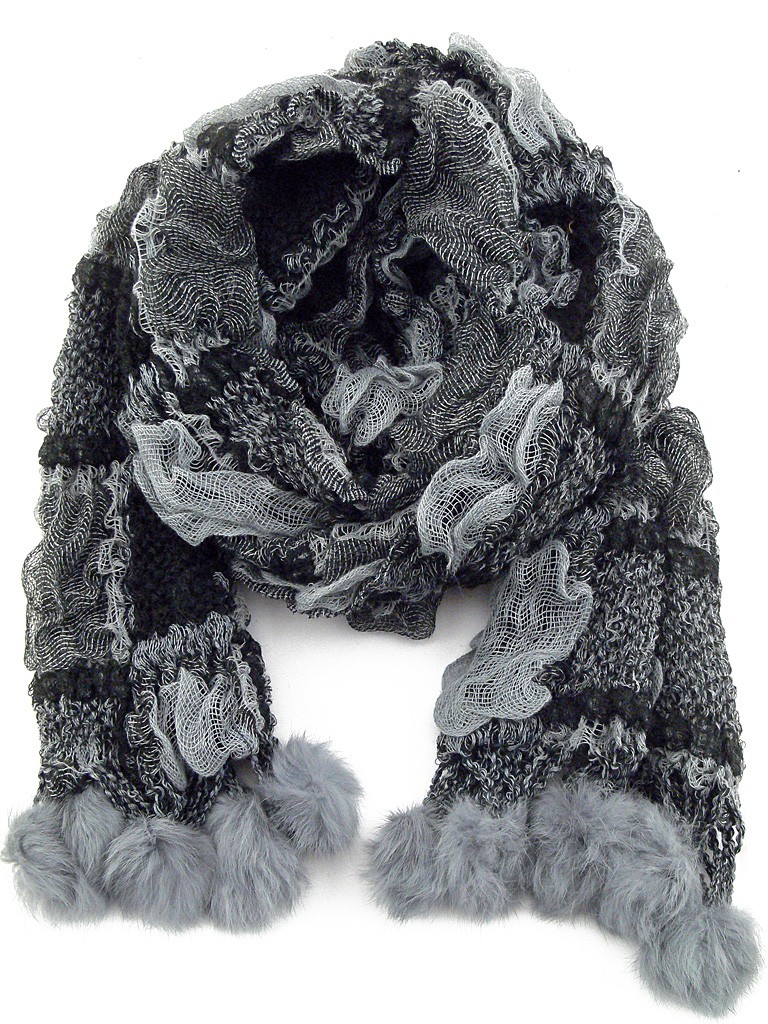 Echarpe noire en laine polaire avec bord gris